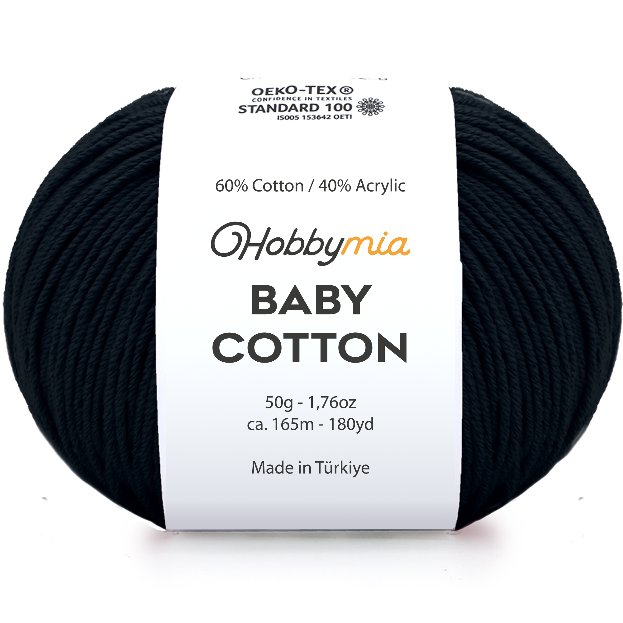 133433-1-black-1.png HobbyMia Baby Cotton Yarn for Crocheting - 50g / 180yds - (2) Fine, Sport Weight Yarn - Soft Amigurumi Yarn for Crochet Thread - 60% Cotton & 40% Acrylic (Black, 1 Ball) - Image 1