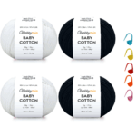 HobbyMia Baby Cotton Yarn Bundles for Crocheting - Each Ball is 50g / 180yds - (2) Fine, Sport Weight Yarn - Amigurumi Yarn, Crochet Thread - & 5 Stitch Makers (Black & White)
