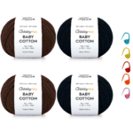 HobbyMia Baby Cotton Yarn Bundles for Crocheting - Each Ball is 50g / 180yds - (2) Fine, Sport Weight Yarn - Amigurumi Yarn, Crochet Thread - & 5 Stitch Makers (Black & Brown)