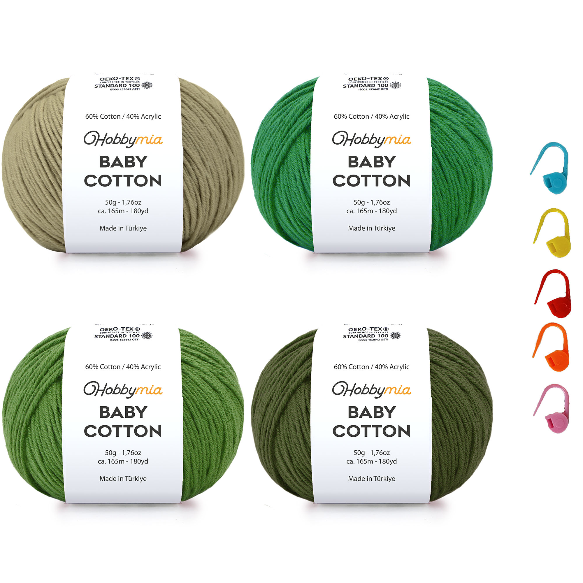 baby-cotton-bundles-4-5-1.png HobbyMia Baby Cotton Yarn Bundles for Crocheting - Each Ball is 50g / 180yds - (2) Fine, Sport Weight Yarn - Amigurumi Yarn, Crochet Thread - & 5 Stitch Makers (Forest) - Image 1