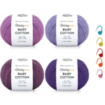 HobbyMia Baby Cotton Yarn Bundles for Crocheting - Each Ball is 50g / 180yds - (2) Fine, Sport Weight Yarn - Amigurumi Yarn, Crochet Thread - & 5 Stitch Makers (Levander Garden)