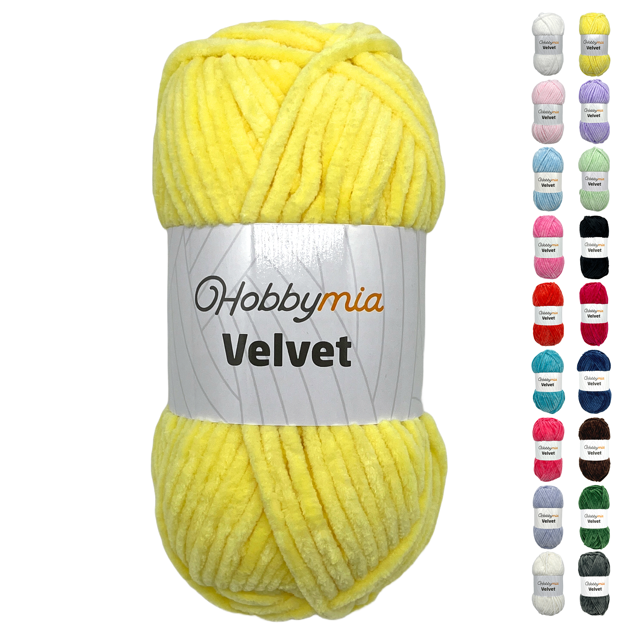 hobbymia-velvet-1-80302-1.jpg HobbyMia Velvet - Chenille Yarn for Crocheting - 100g / 132yds - (6) Super Bulky - Fluffy Yarn for Crocheting - Baby Blanket, Amigurumi, Shawl (Yellow - Lemon, 1 Skein) - Image 1