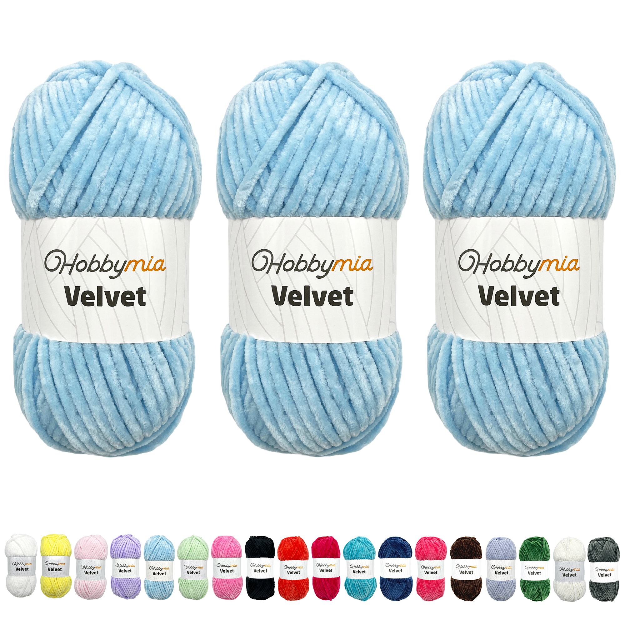 hobbymia-velvet-3-80306-1.jpg HobbyMia Velvet - Chenille Yarn for Crocheting - 100g / 132yds - (6) Super Bulky - Fluffy Yarn for Crocheting - Baby Blanket, Amigurumi, Shawl (Blue - Baby Blue, 3 Skeins) - Image 1